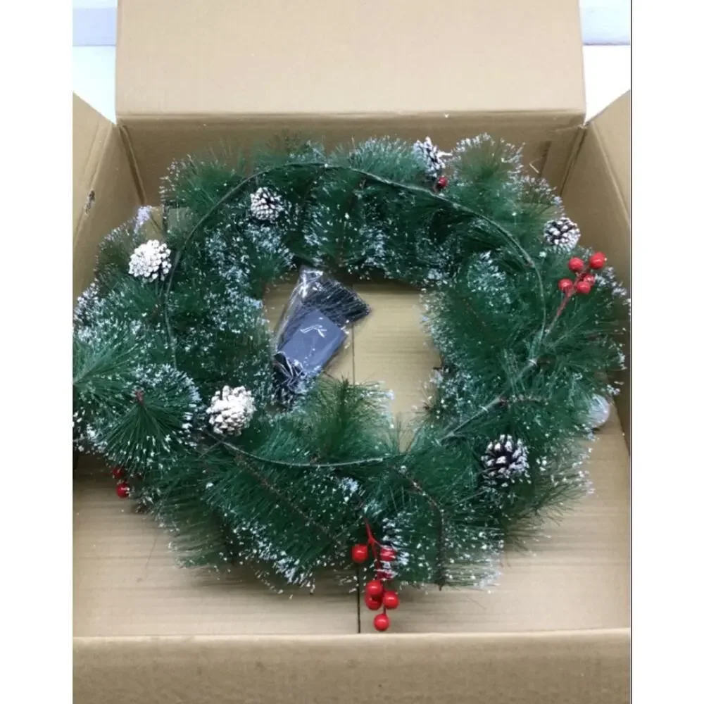Large 24 inch Christmas Wreath With Lights Pine Needles With Hanger NIB